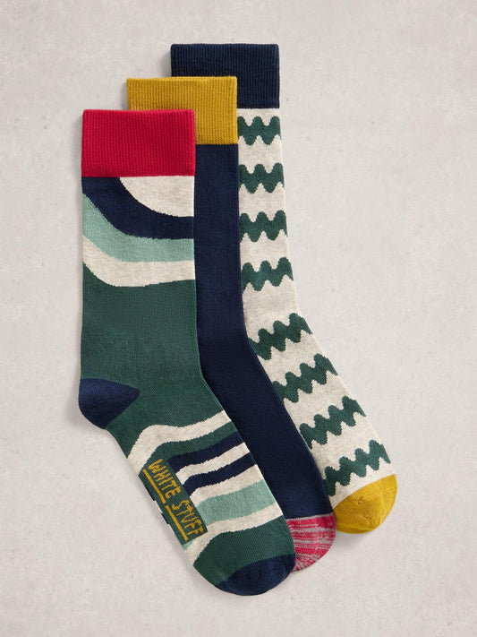 White Stuff 3pk Ankle Socks in Green Multi