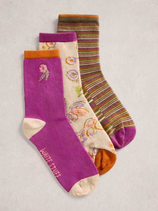 White Stuff 3 Pk Floral Socks