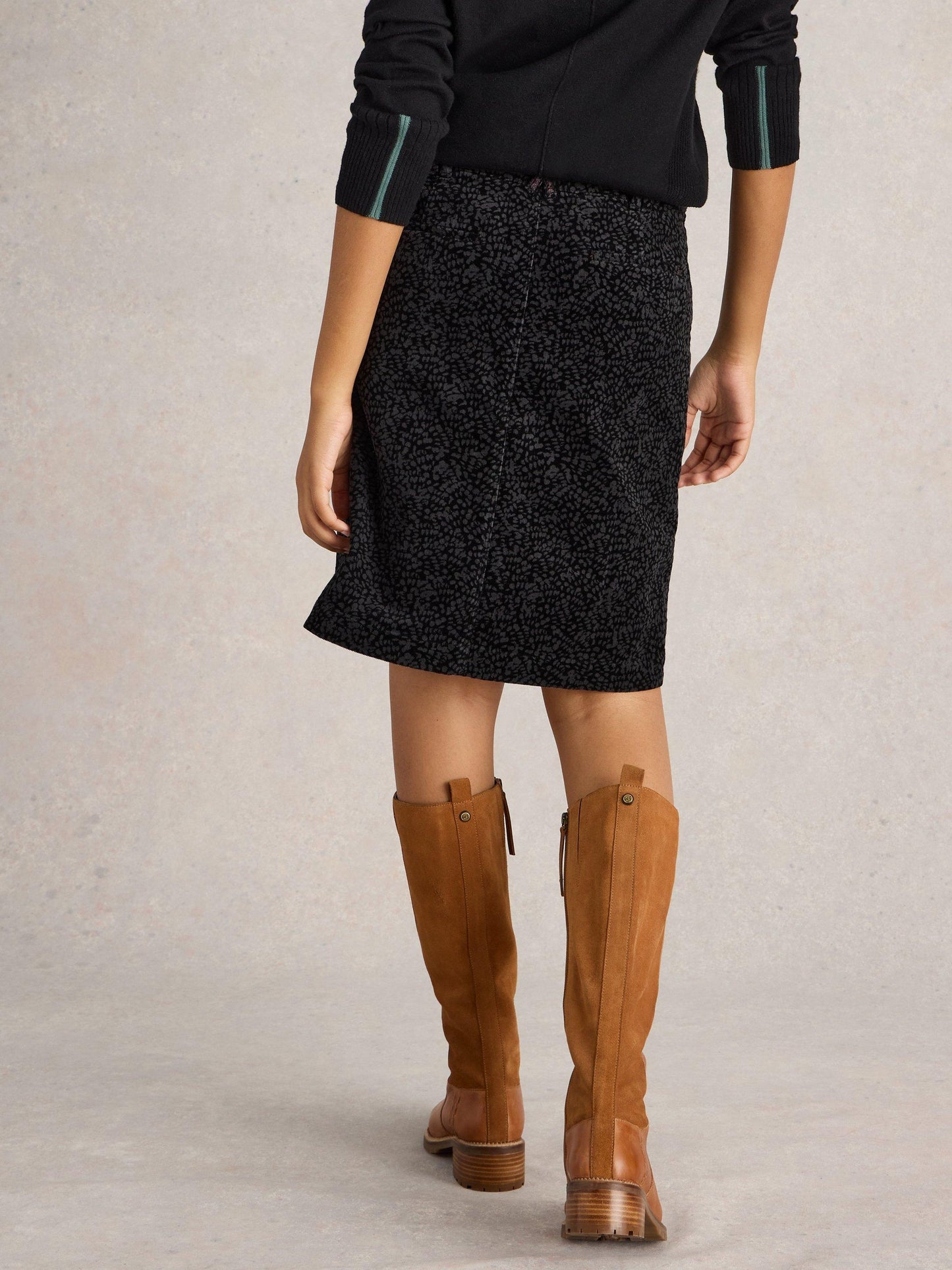 White Stuff Melody Organic Cord Skirt in Black Print