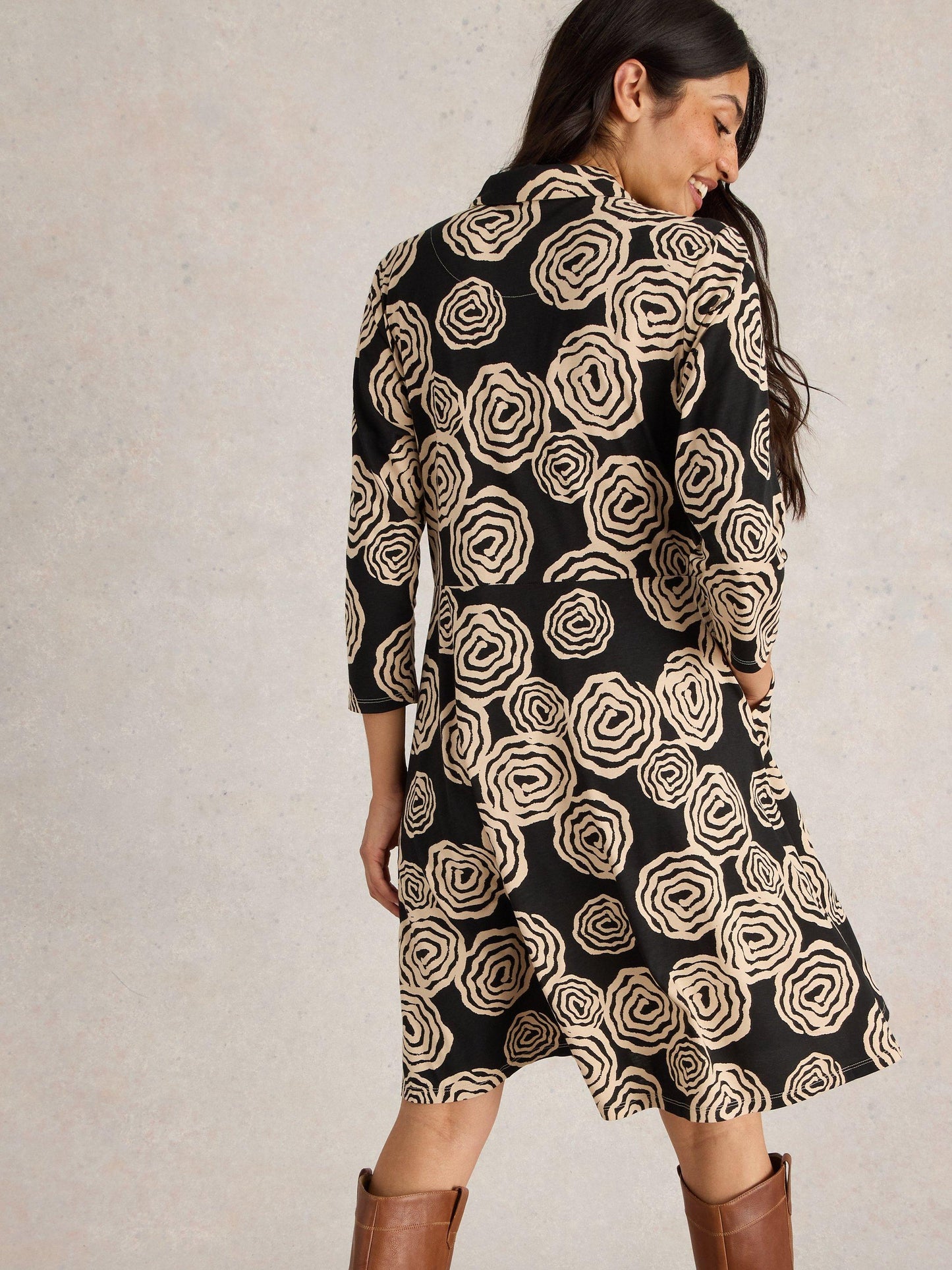 White Stuff Rua Jersey Shirt Dress in Black Print