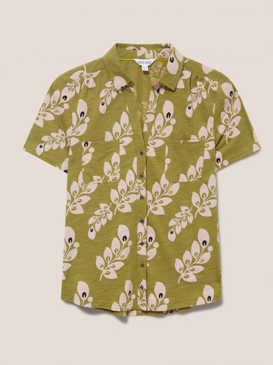 White Stuff Penny Pocket Jersey Shirt in Green Print