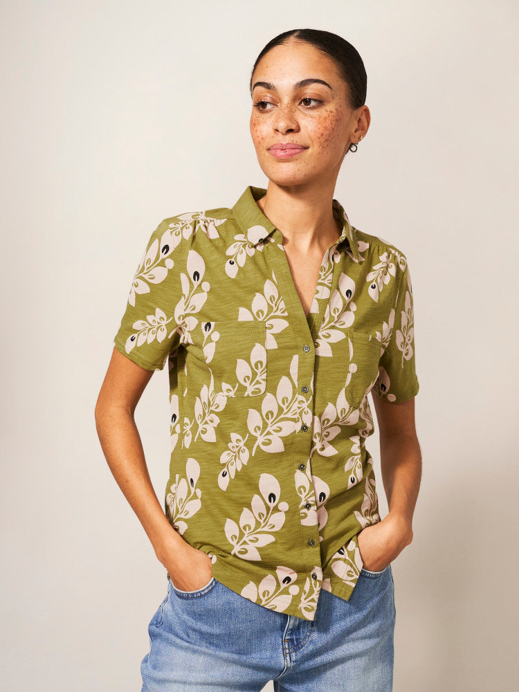 White Stuff Penny Pocket Jersey Shirt in Green Print