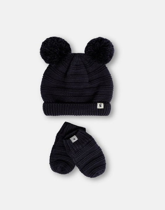 Joules  Pom Set Knitted Hat And Glove Set in Navy